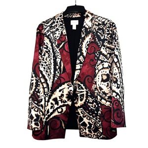 Chicos Womens Blazer Jacket Size 1 Animal Print Burgundy Black Gold Boho